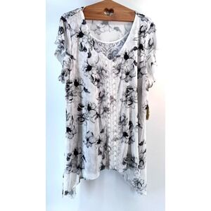 One World 1X NWT Boho Floral Top Lace Front Black White Purple Yellow Lined